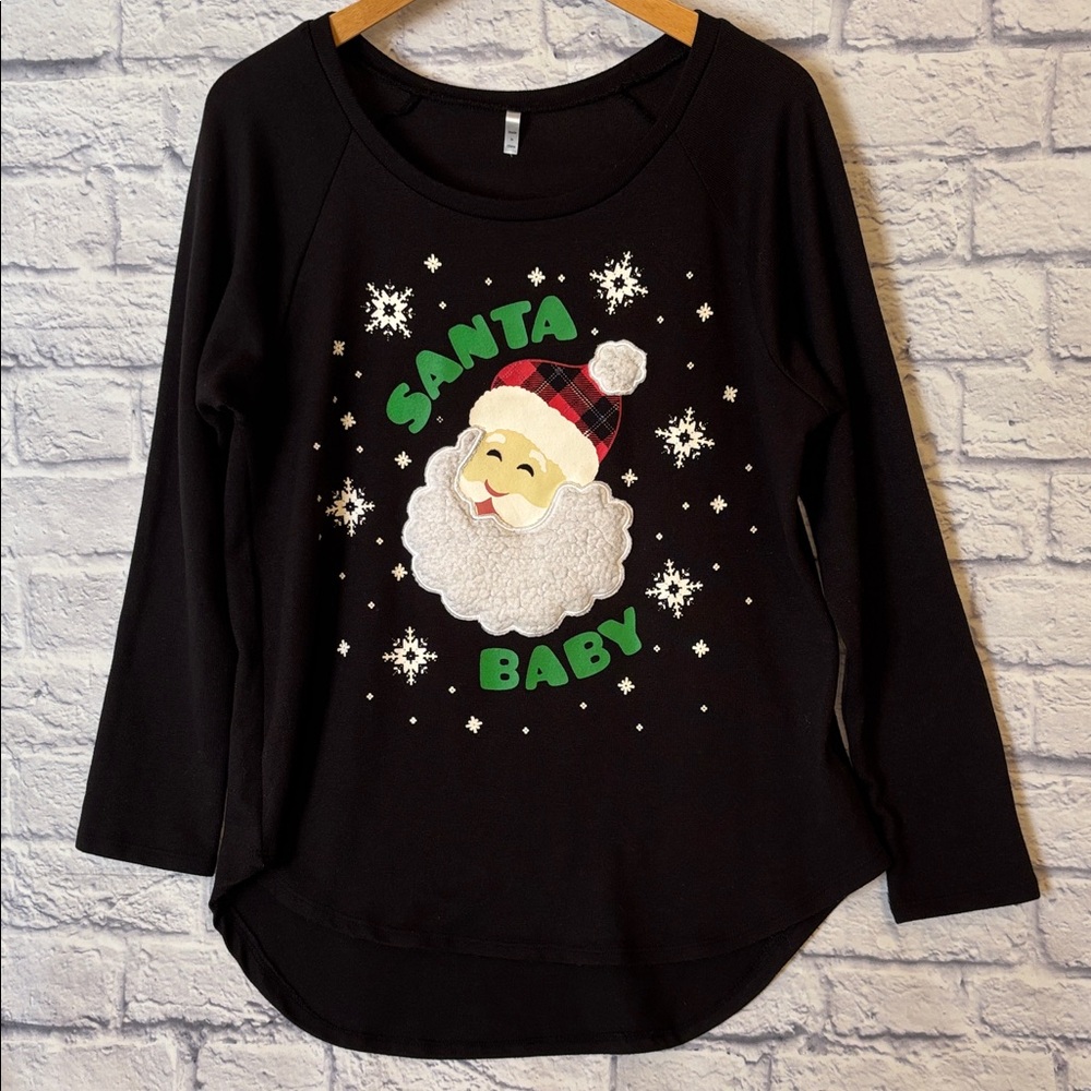 Santa Baby Christmas Top Black Long Sleeve Tee Shirt Tunic Holiday Size Large